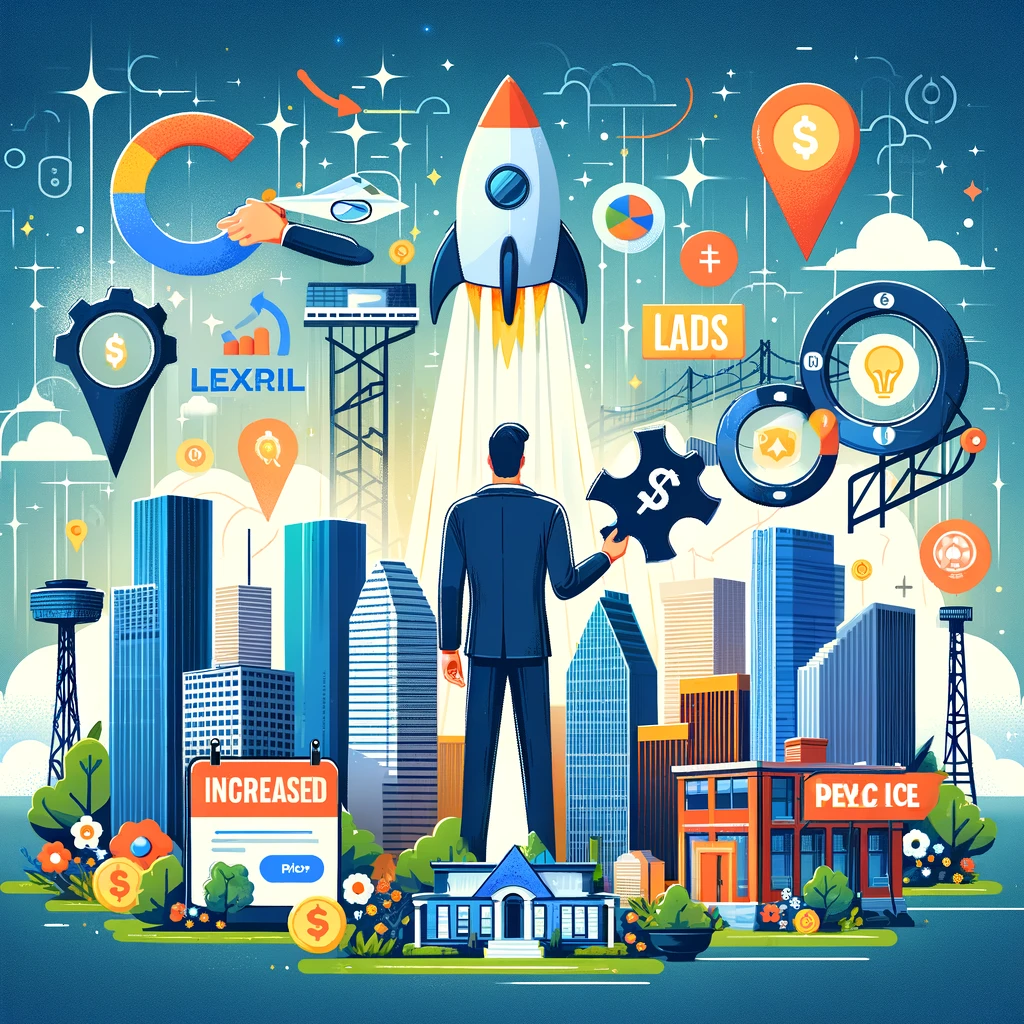 Create an illustration that visually represents the transformative power of Pay Per Click advertising for businesses in Houston, highlighting elements such as increased leads, Google Ads management, and a backdrop of Houston's skyline to emphasize local expertise.